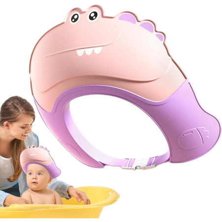 Casca de Dus, Cyrax, Previne Scurgerea Apei si Samponului pe Fata, 0-12 Ani, Ajustabila, din TPE+PP, 20 x 23 cm, Model Crocodil, Roz/Mov