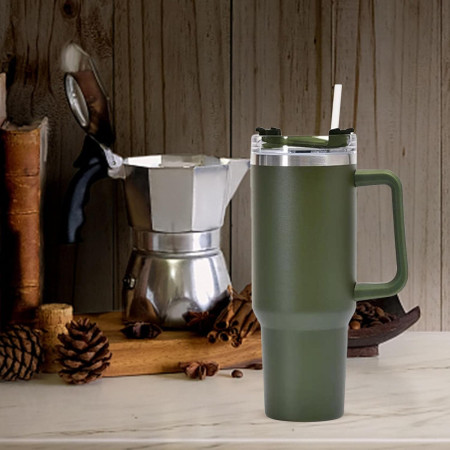 Cana Termos din Plastic, Cyrax, pentru Bauturi Calde si Reci, cu Maner, 9.9x9.9x27 cm, Verde Army