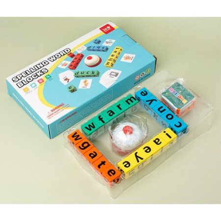 Joc cu Blocuri din Lemn, Cyrax, Formare Cuvinte, Cartonase cu Obiecte si Animale, Clopotel, Joc pentru 4 Persoane, 3 Ani+, 28x15.5x5 cm, Multicolor