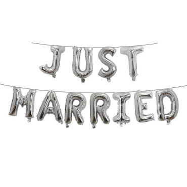 Set Baloane din Folie Metalizata, Cyrax, Figurine Litere, Model Just Married, Tema Nunta, 40 cm, Baloane Party, Ambalaj Individual, Pai inclus, Umflare cu Aer sau Heliu, Argintiu