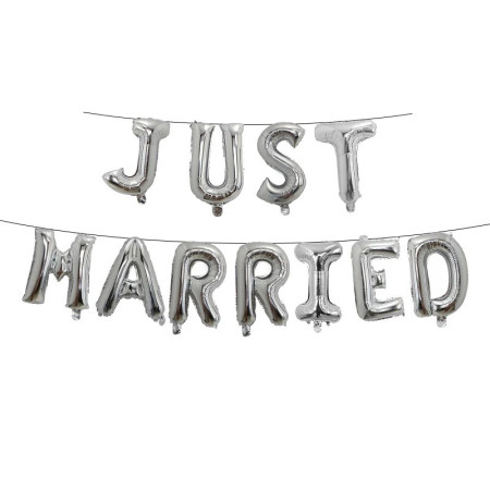 Set Baloane din Folie Metalizata, Cyrax, Figurine Litere, Model Just Married, Tema Nunta, 40 cm, Baloane Party, Ambalaj Individual, Pai inclus, Umflare cu Aer sau Heliu, Argintiu