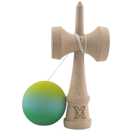Kendama X Originala, Profesionala, Cyrax, Rubber Grip, din Lemn, 18 cm, Galben/Albastru/Verde