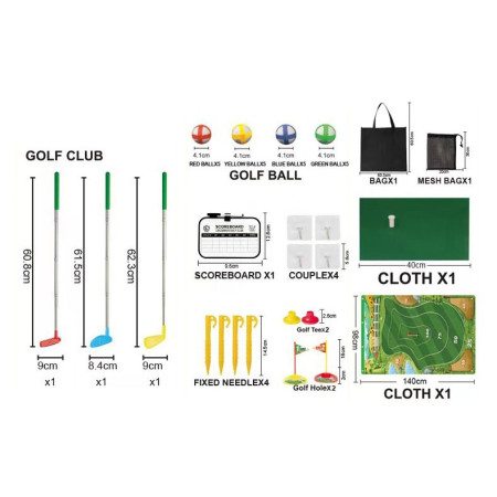 Set de Golf, Cyrax, Interactiune Parinte-Copil, Covor de Golf, 140 x 98 cm, 4 Mingii cu Scai, 3 Crose Reglabile, Model B, +3 Ani, Multicolor