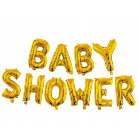 Set Baloane din Folie Metalizata, Cyrax, Model Baby Shower, Litere de 40 cm, Baloane Party, Ambalaj Individual, Pai, Ata si Adeziv Incluse, Umflare cu Aer sau Heliu, Auriu