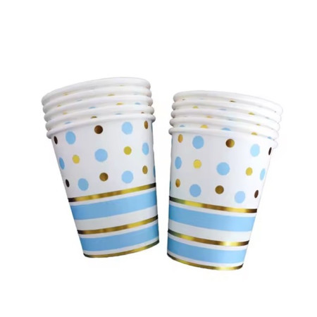 Set 10 Pahare, Cyrax, Imprimeu cu Buline si Dungi, din Carton, 250 ml, 7.5 x 8.5 x 5.2 cm, Albastru/Auriu