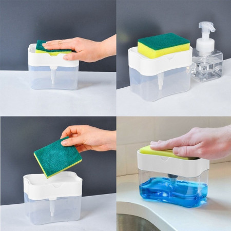 Dozator Cyrax, Dispenser 2 in 1 pentru Detergent Lichid de Vase sau pentru Obiecte Sanitare cu Suport pentru Burete de Bucatarie ,14 x 10.5 x 10 cm, capacitate 380 ml, alb