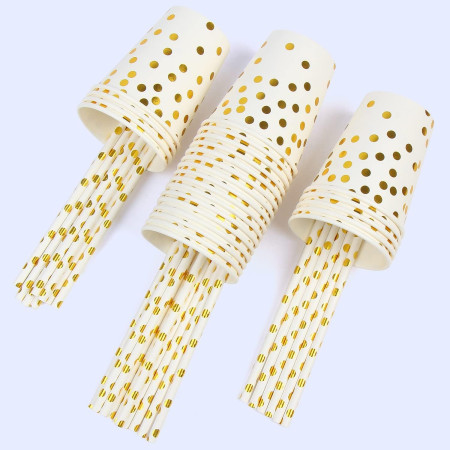 Set 10 Pahare, Cyrax, Imprimeu cu Buline, din Carton, 250 ml, 7.5 x 8.5 x 5.2 cm, Auriu