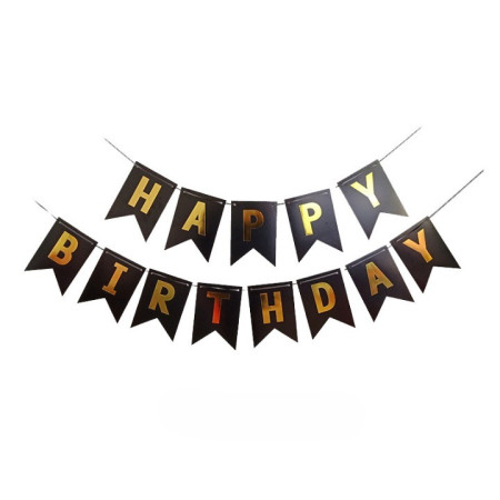 Banner Happy Birthday 100x200 cm, Cyrax, Dimensiune Stegulet 11.5x16.5 cm, Rola de Ata Inclusa, Negru