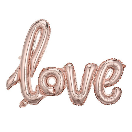 Balon din Folie Metalizata, Cyrax, Model Love scris de mana, 102x65 cm, Tematica Ziua Îndrăgostiților, Ambalaj Individual, Pai Inclus, Umflare cu Aer sau Heliu, Rose Gold