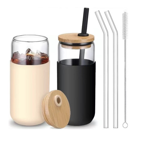 Set 2 Pahare din Sticla Termoizolante Transparente, Cyrax, Capace si Paie Incluse, 500 mL, Silicon Negru si Crem