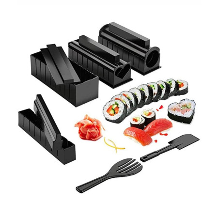 Set ustensile pentru facut sushi Cyrax, 10 piese, forma inima inclus, 3 forme clasice, extensibil, finisaj lucios, material ABS, curatare usoara, negru
