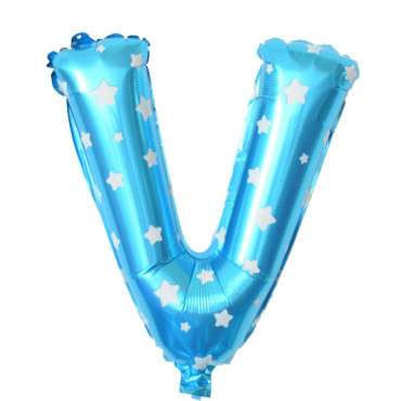 Balon Folie Metalizata Litera V, Cyrax, 40 cm, Cu Imprimeu Stelute, Umflati cu Heliu sau Aer, Ambalaj Individual, Pai inclus, Albastru