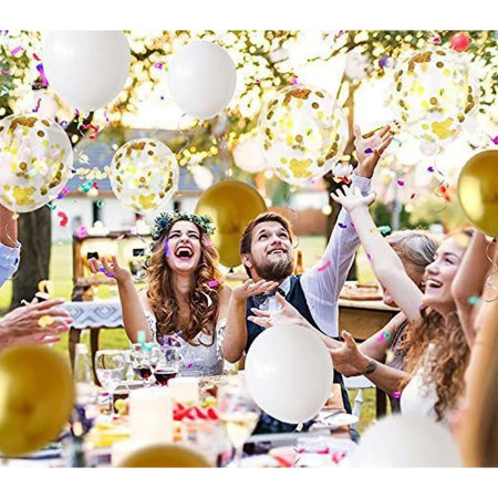 Set 12 Baloane din Folie Metalizata si din Latex, Cyrax, Model Mr Mrs, Tema Nunta, Baloane Party cu Confetti, 45 cm, 30 cm, Pai inclus, Umflare cu Aer sau Heliu, Alb/Auriu