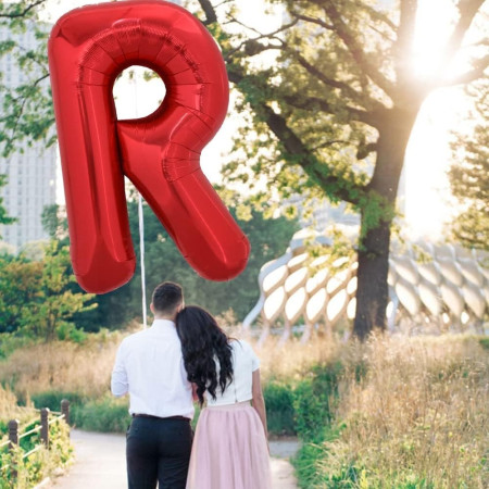 Balon Folie Metalizata Litera R, Cyrax, 40 cm, Umflati cu Heliu sau Aer, Ambalaj Individual, Pai inclus, Rosu