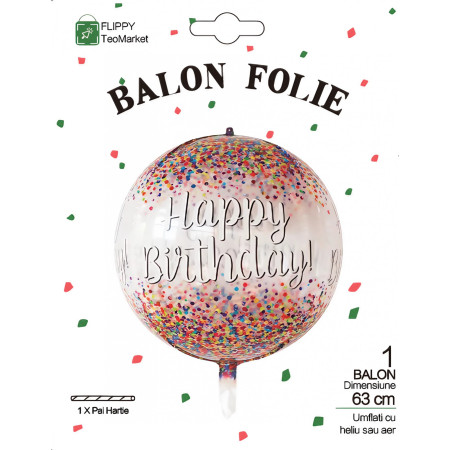 Balon din Folie Metalizata, Cyrax, Figurina Rotunda 4D, Model Happy Birthday, Tema Aniversare, 24 x 63 cm, Ambalaj Individual, Pai inclus, Umflare cu Aer sau Heliu, Maro