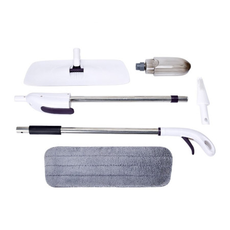 Mop plat,  cu pulverizator, pentru uz casnic, plastic, rezerva de mop din microfibra, 125x40 cm, Alb/Mov
