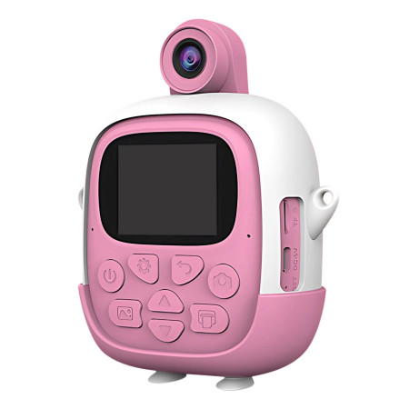 Camera Instantanee pentru Copii, Cyrax, cu Functie de Printare, Cablu USB-C, Bluetooth, Compatibil iOS/Android, Camera Frontala + Selfie, Model Iepure, Snur Inclus, Roz
