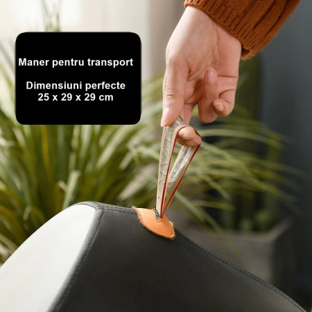 Taburet Pentru Copii, Cyrax, Cadru din Lemn Masiv, 25 x 29 x 29 cm, Perna de Burete Elastica si Maner de Transport, in Forma de Pinguin, Negru