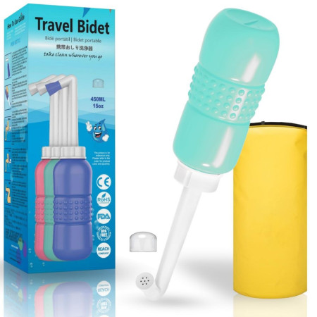 Bideu Portabil pentru Igiena Intima,  pentru Postpartum/ Postoperator, 450 mL, cu Capac si Husa Galbena, 29.5x7 cm, Culoare Recipient Verde