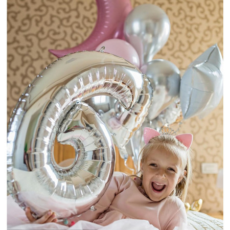 Balon din Folie Metalizata Cyrax, Figurina Cifra, Tema Aniversare 40 cm, Ambalaj Individual, Pai inclus, Umflare cu Aer sau Heliu, Argintiu, Cifra 6