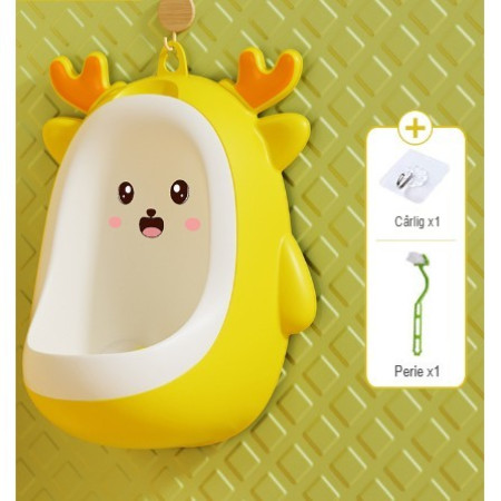 Pisoar pentru Baieti, Cyrax, 0-8 Ani, in Forma de Cerb, Perie Inclusa, Montare pe Perete, Carlig Autoadeziv Inclus, 29.8 x 23.8 cm, Galben