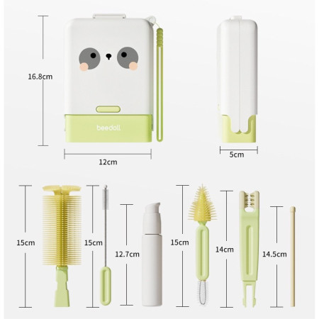 Set 7 Piese de Spalat/Uscat Biberoane, Cyrax, Portabil, Peri de Silicon, pentru Tetine, Suzete, Biberoane, Paie, Cutie Inclusa, 16.8 x 12 x 5 cm, Model Panda, Verde