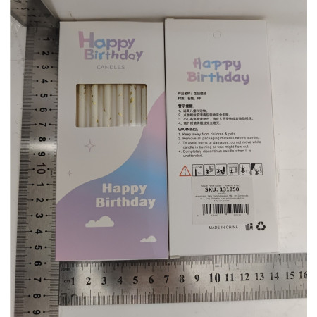 Set 6 Lumanari Lungi, Cyrax, din Parafina, 10 x 0.5 cm, Happy Birthday, Alb/Auriu