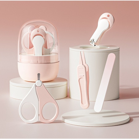 Set 4in1 de Ingrijire Unghii pentru Bebelusi, Cyrax, Cutie de Depozitare Tip Borcan, 0-6 Ani, 10 x 7 x 6 cm, Roz