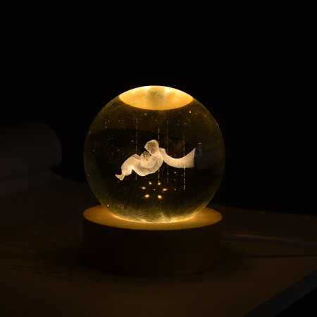 Lampa LED Decorativa,  cu Bila de Cristal cu Diametru 6cm, Model Micul Print 3D, Alimentare USB, Suport din Lemn, Lumina Alb Cald