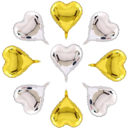 Set 2 Baloane din Folie Metalizata, Cyrax, Model Inimi, Tema Ziua Indragostitilor, 45 cm, Ambalaj Individual, Pai Inclus, Umflare cu Aer sau Heliu, Argintiu/Auriu