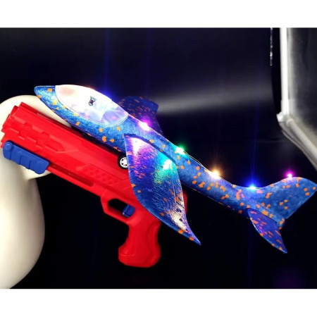 Pistol cu Lansator de Avion, Cyrax, din Polistiren+Plastic, +3 Ani, Avion 38 cm, Lansare 10 m, cu Lumini si Roti, Rosu/Albastru