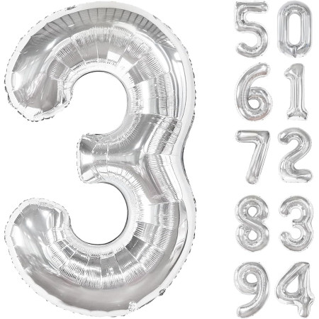 Balon din Folie Metalizata, Cyrax, Figurina Cifra, Tema Aniversare 100 cm, Ambalaj Individual, Pai inclus, Umflare cu Aer sau Heliu, Argintiu, Cifra 3