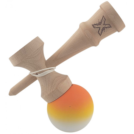 Kendama X Originala, Profesionala, Cyrax, din Lemn, Rubber Grip, 18 cm, Gradient Portocaliu/Galben/Alb