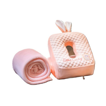 Set 2in1 Patura Microfibra si Perna din Spuma,  pentru Birou, Calatorii, Pauze, Model Iepuras, Microfibra, 1x1.7 m, 30x35x30 cm, Roz