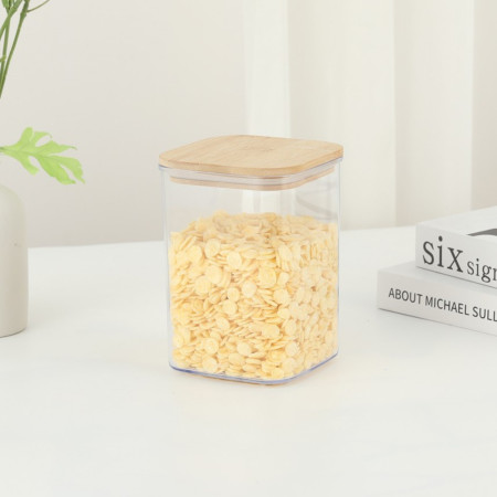 Cutie de Depozitare Alimente, Cyrax, Cutie de tip Container, Cutie pentru Cereale, din Plastic, Capac din Bambuc, 10 x 10 x 14 cm, Volum 0.8 L, Transparent