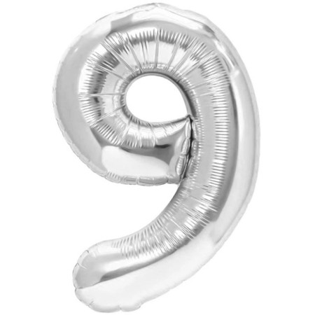 Balon din Folie Metalizata Cyrax, Figurina Cifra, Tema Aniversare 40 cm, Ambalaj Individual, Pai inclus, Umflare cu Aer sau Heliu, Argintiu, Cifra 9