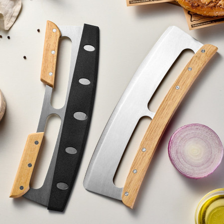 Taietor Feliator de Pizza, Cyrax, din Otel Inoxidabil, cu Capac, Maner din Lemn, Antialunecare, Lama Neteda si Ascutita, 34x10 cm, Maro