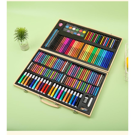 Set 180 Piese pentru Desen si Pictura, Cyrax, Tip Servieta din Lemn, Model Natur, 46 x 30.9 x 4.1 cm, Multicolor