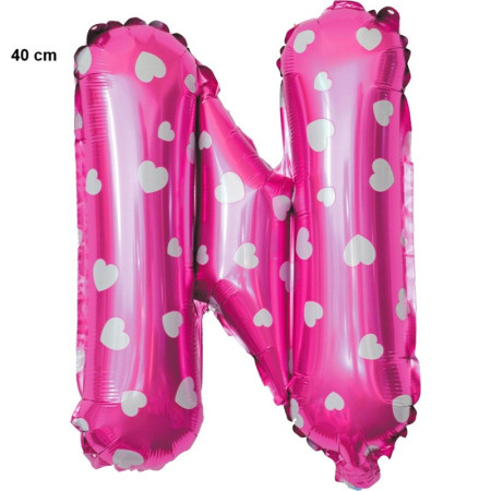 Balon Folie Metalizata Litera N, Cyrax, 40 cm, Cu Imprimeu Inimioare, Umflati cu Heliu sau Aer, Ambalaj Individual, Pai inclus, Roz