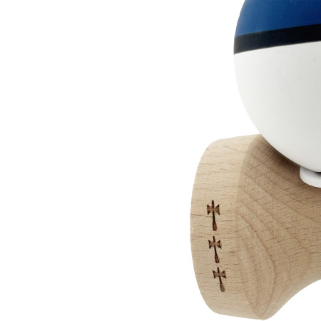 Kendama X Originala, Profesionala, Cyrax, Cupe Mari KING SIZE V3, Rubber Grip, Gaura in Baza, Rulment Metalic, din lemn 18 cm, Ata 62/65 cm, S Bicolor Albastru inchis/Alb