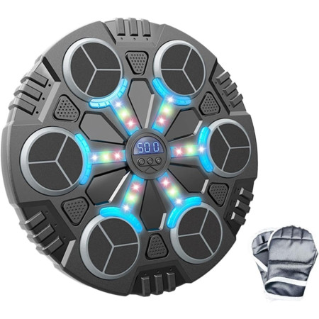 Jucarie de Boxat cu Muzica si Lumini, Cyrax, Manusi Incluse, Bluetooth, Incarcare USB, Aplicare cu Ventuze, 6 Tinte, 32x27x3.5 cm, 930 g, Negru