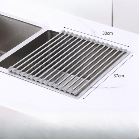 Cyrax Covoras de Scurgere pentru Chiuveta Bucatarie, din Otel Inoxidabil, Suport Chiuveta, Pliabil, Antiderapant, Usor de Curatat si de Depozitat, 37x30cm, 15 Tuburi, Gri