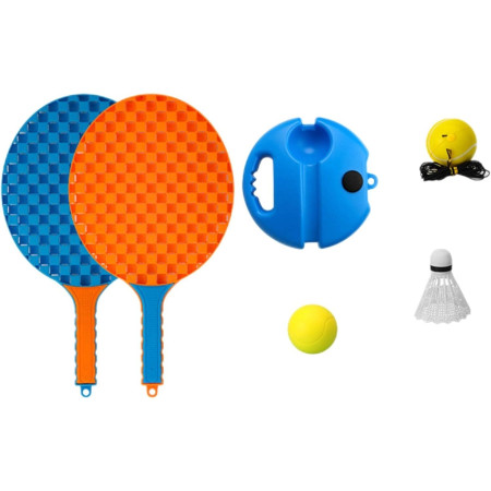 Set Badminton pentru Copii, Cyrax, Doua Palete, Fluturas, 2 Mingi, Minge cu Elastic pentru Antrenament, Suport de Prindere Stabil, 41x23 cm, Albastru Portocaliu
