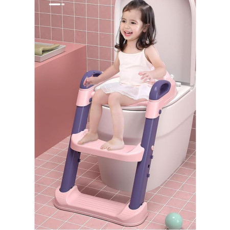 Reductor si Scaunel Inaltator WC, Cyrax, pentru Copii 1 - 7 Ani, 2 Trepte Reglabile, Pliabil, Colac Moale, cu Spatar si Manere, Inaltime 54/58 cm x 39.5 x 35 cm, din Plastic+PVC, Roz/Mov