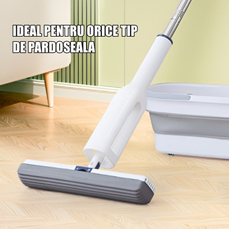 Set Mop Telescopic cu Galeata Pliabila,  Gri, 32 cm, Maner Reglabil 140 cm, Sistem de Stoarcere Usor si Eficient