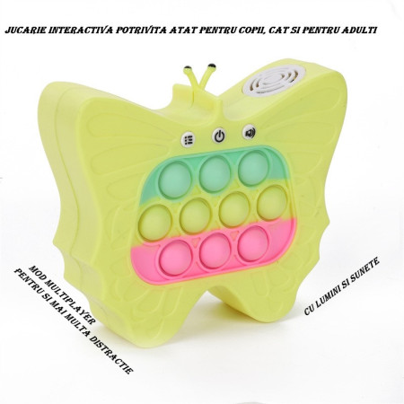 Jucarie Interactiva Tip Consola pentru Copii, Cyrax, Diferite Moduri de Joc, 120 Nivele, Material ABS/silicon, cu Nivele, Sunete si Lumini, 12 x 5.5 x 13.5 cm cm, Model Fluture, Galben