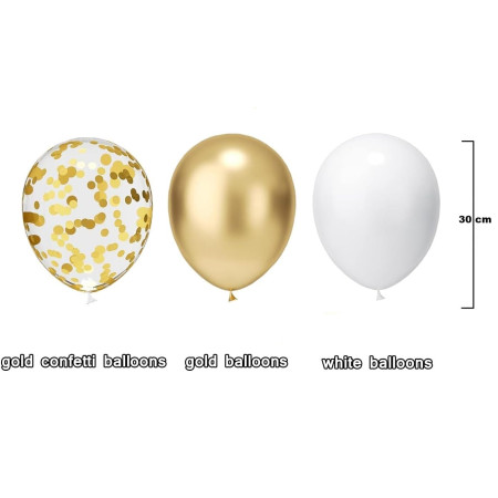 Set 16 Baloane din Latex, Cyrax, Model Party, 30 cm, Alb, Auriu, Transparent Confetti, 2.8 g