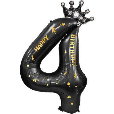 Balon din Folie Metalizata Cyrax, Figurina Cifra si Coroana, Scris Happy Birthday, Tema Aniversare 100 cm, Ambalaj Individual, Pai inclus, Umflare cu Aer sau Heliu, Negru, Cifra 4