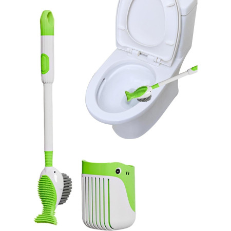 Perie de Toaleta,  cu Suport de Perete, Recipient Detergent, 2 Tipuri de Perii, Model Balena, Verde