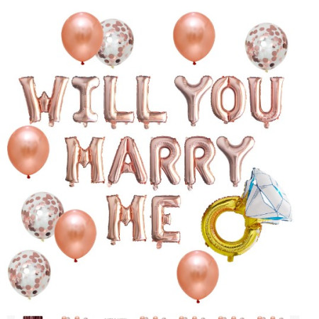 Set baloane decorative WILL YOU MARRY ME, Cyrax, set din 12 piese, 10 baloane latex, 1 set Marry me, 1 balon folie inel, Rose Gold